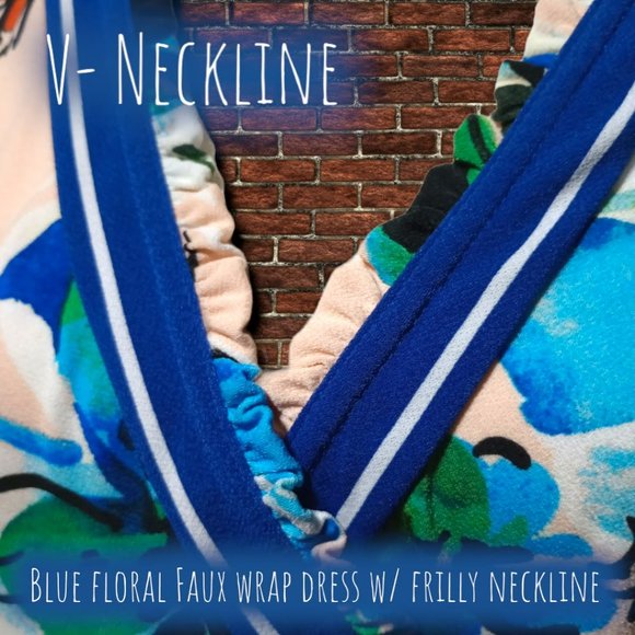 Blue Floral Faux Wrap Knee Length Dress w/Frilly Neckline - Picture 7 of 10